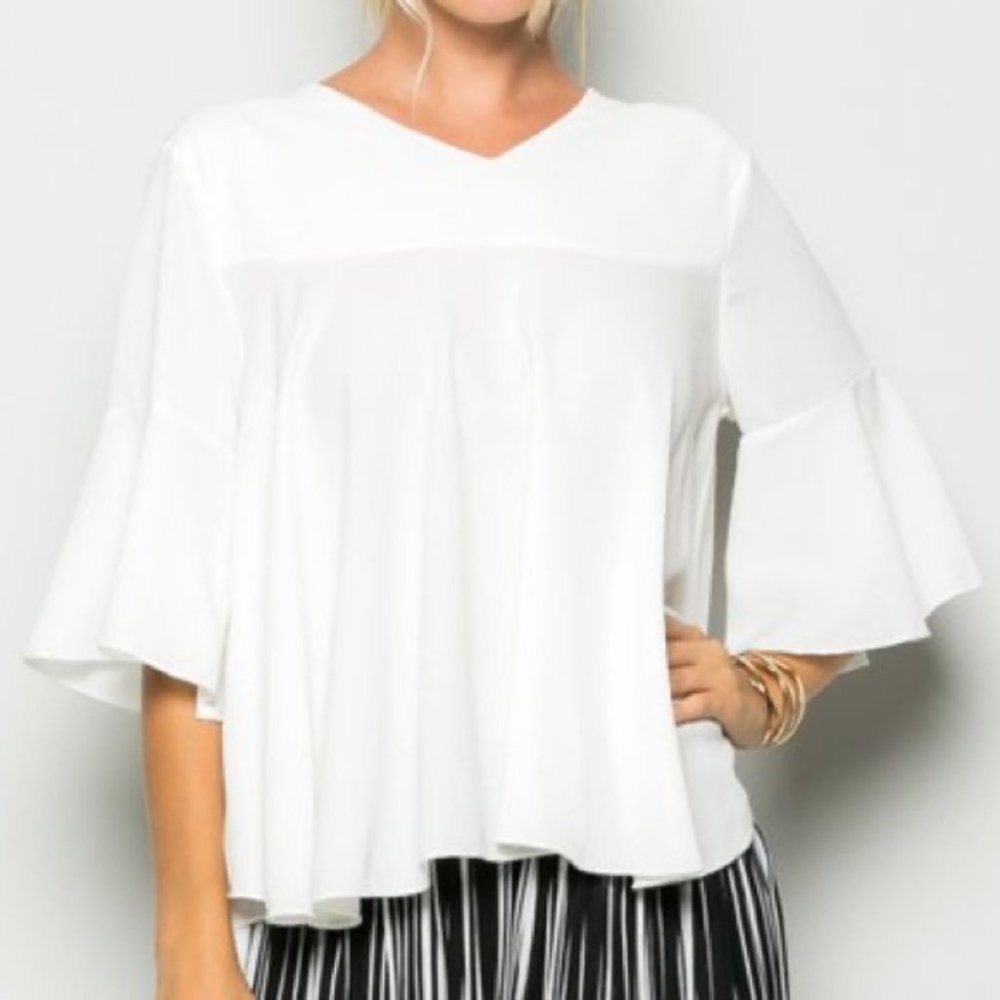 Sugar Solid White V-Neck Ruffle Sleeve Tunic Flowy Blouse Size Small